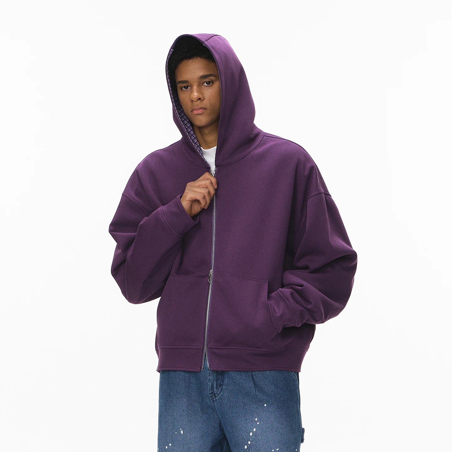Sweat à capuche zippé à carreaux bicolores et coupe carrée