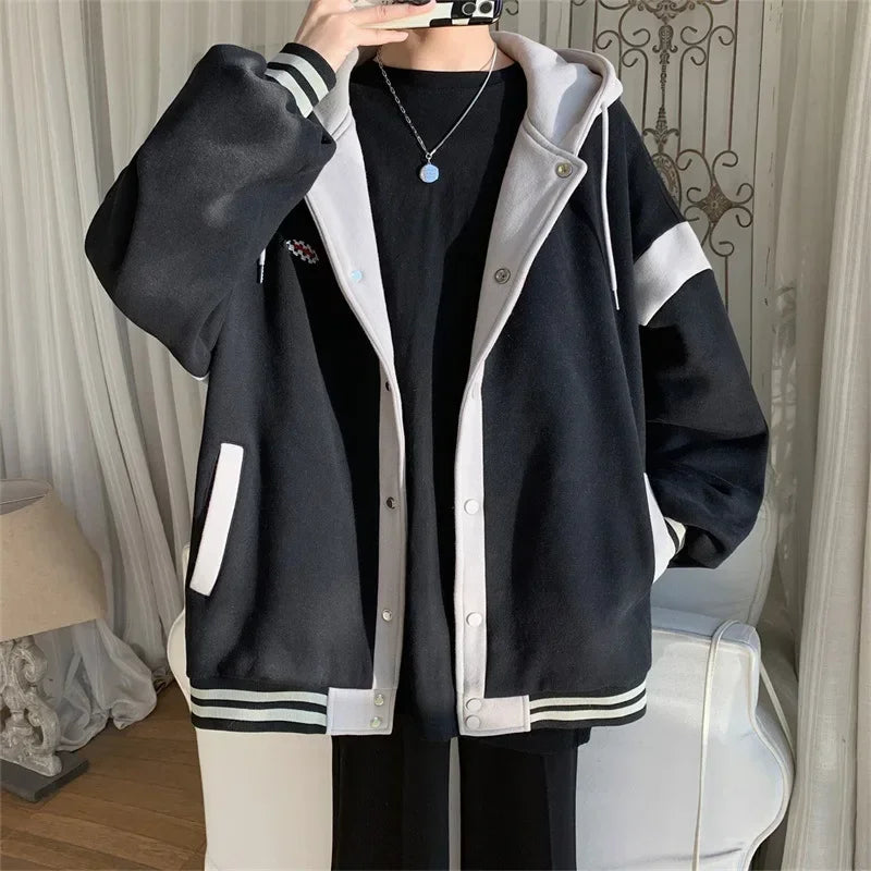 Y2K Stilvolle Patchwork-Collegejacke mit Kapuze