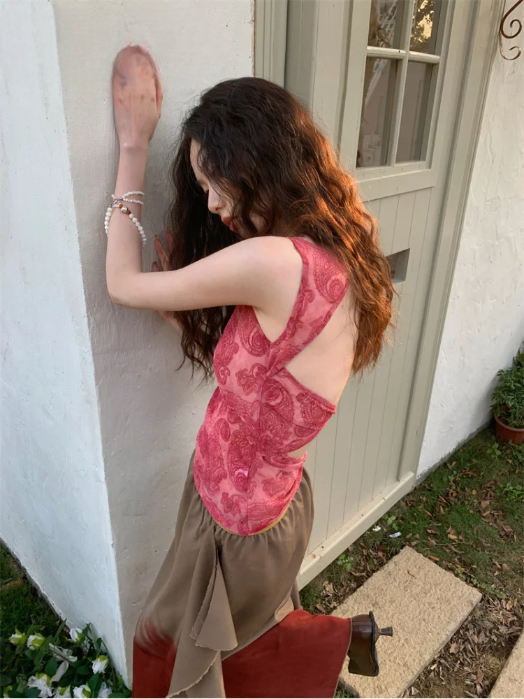 Flocking Floral Red Backless Crop Tank Women’s Top