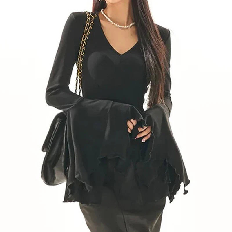 Gothic Flare Sleeve V-Neck Blouses T-Shirt