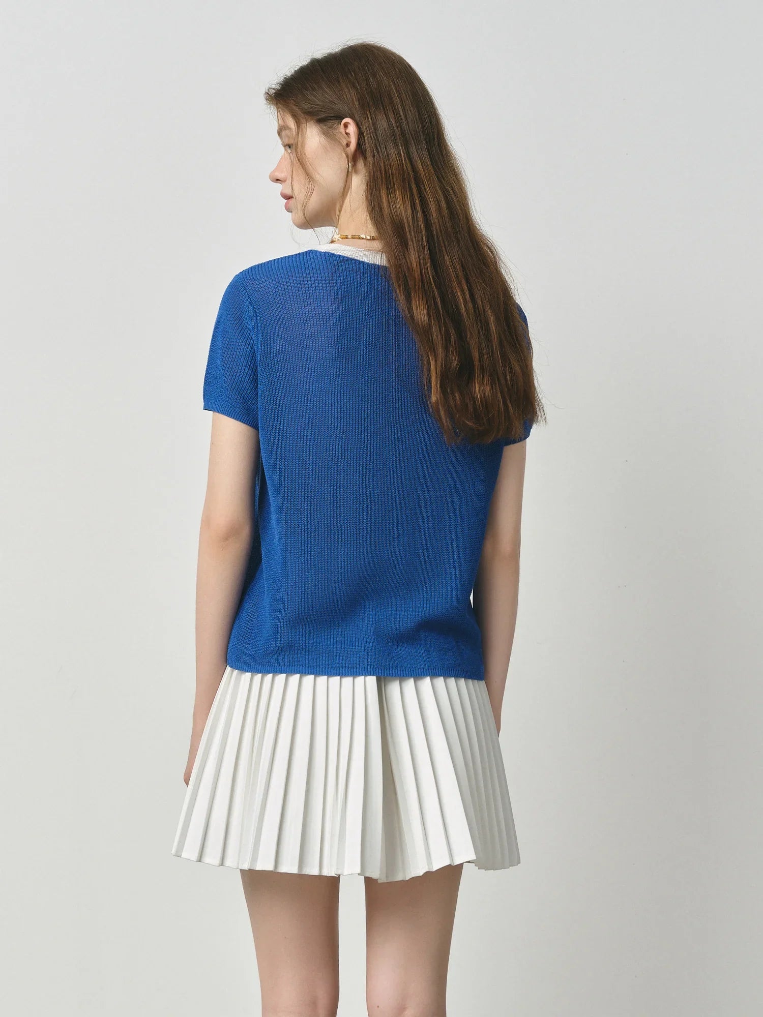 Damen Retro Casual Blaues Strick-T-Shirt im maritimen Stil