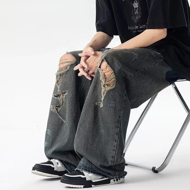 Retro American Ripped Distressed Wide Jeans