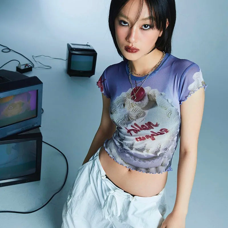 T-shirt en maille style grunge cyber Y2K