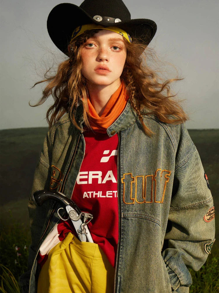 Veste en jean cargo patchwork style cowboy