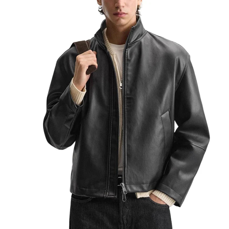 Veste en cuir noir à faux col montant