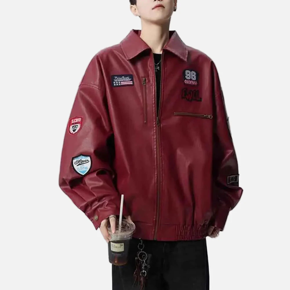 Veste de course en cuir brodé rétro tendance