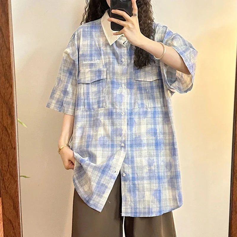 Chemise à manches courtes imprimée rétro ample et oversize pour femme