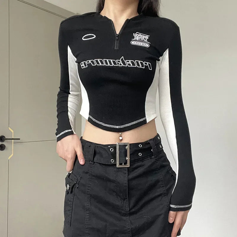 Damen Y2K Moto Biker Style Slim T-Shirt