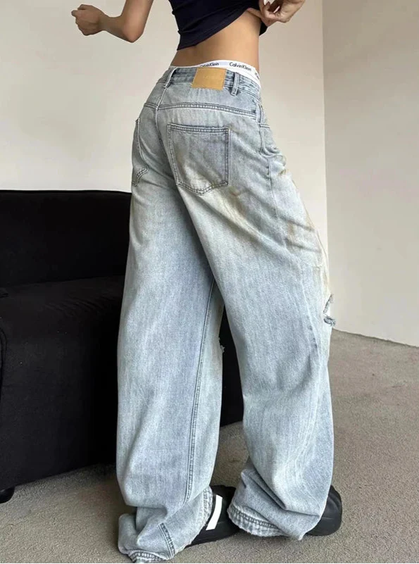 Schicke, verwaschene High-Waist-Jeans im koreanischen Stil mit Used-Look