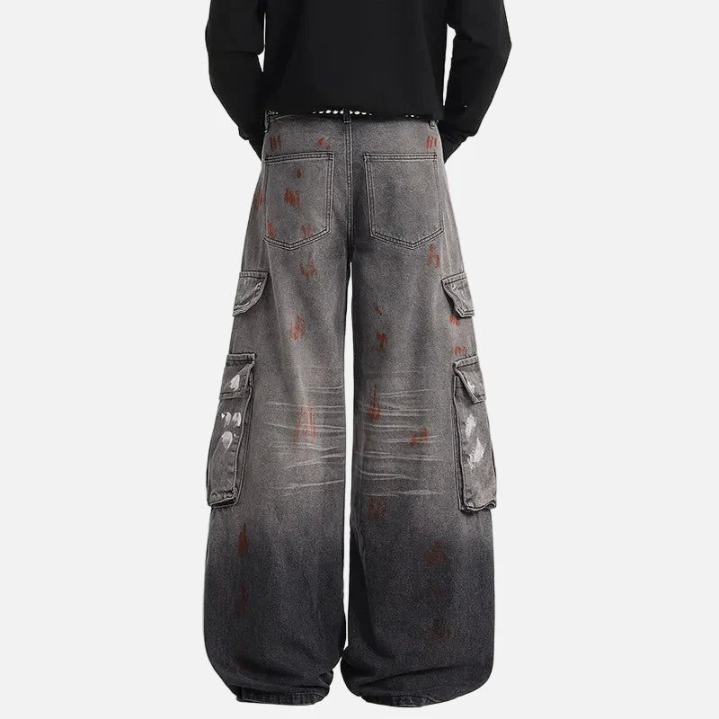 Jean cargo en denim à effet éclaboussures d'encre style américain