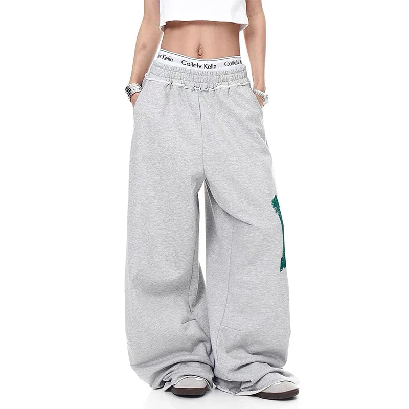 Streetwear Oversize-Jogginghose in Grau mit japanischem Print