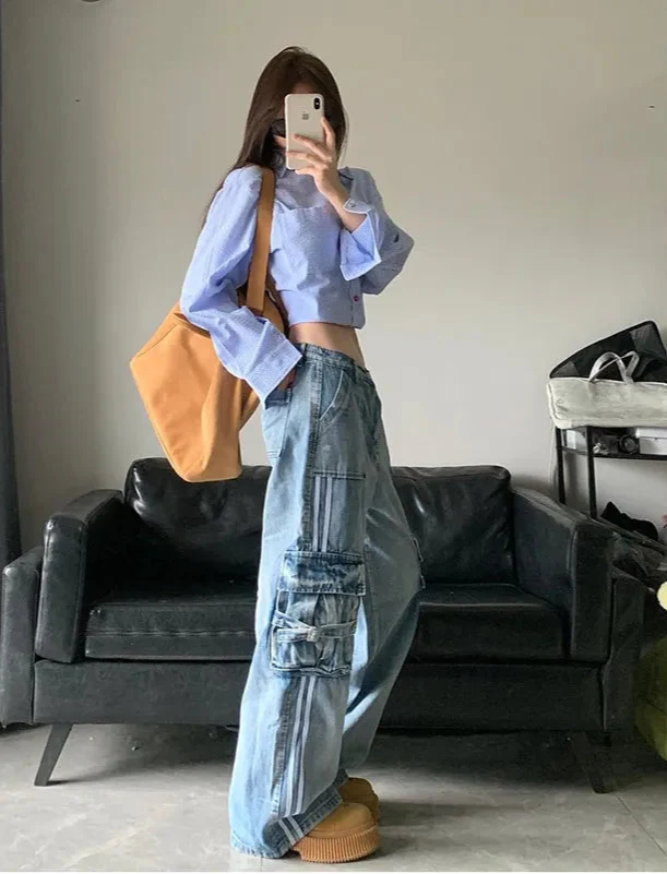 Damen Retro Komfort Vintage Blau High Waist Cargo Jeans