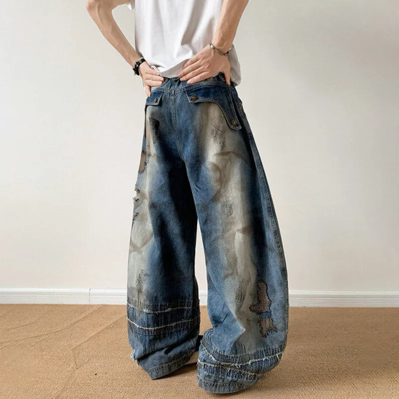 Flexible Patchwork-Jeans mit lockerem, weitem Bein
