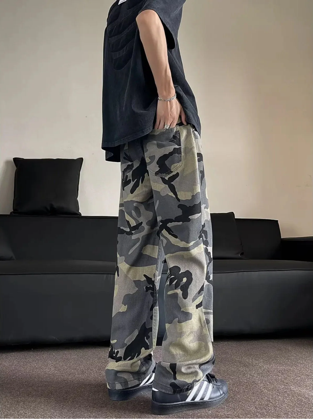 Vintage Streetwear Camouflage High Waisted Wide-Leg Jeans