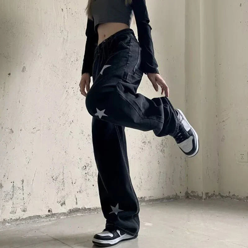 Y2K Sternenmuster-Patchwork-Jeans mit weitem Bein