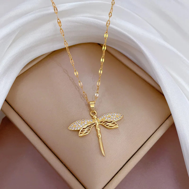 Collier pendentif libellule en acier inoxydable
