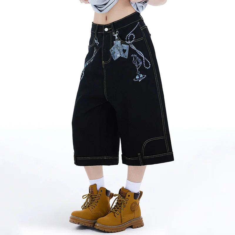 Jeans-Shorts mit weitem Bein in Kontrastfarben im Retro-Stil
