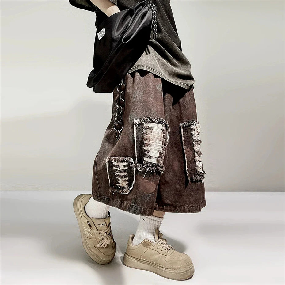 Vintage Jeansshorts mit Rissen, knielang