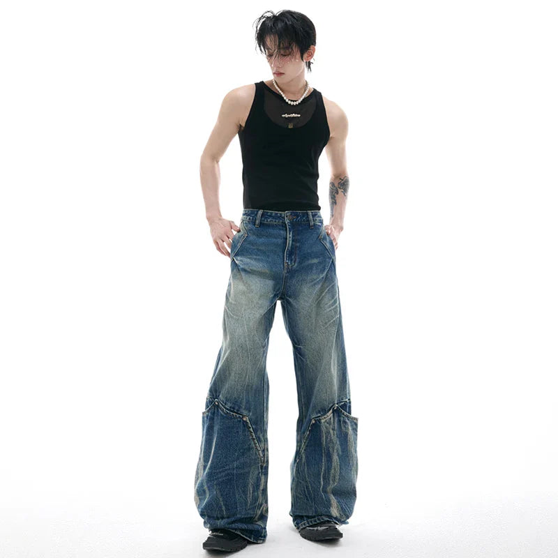 Jeans à jambes larges patchwork streetwear