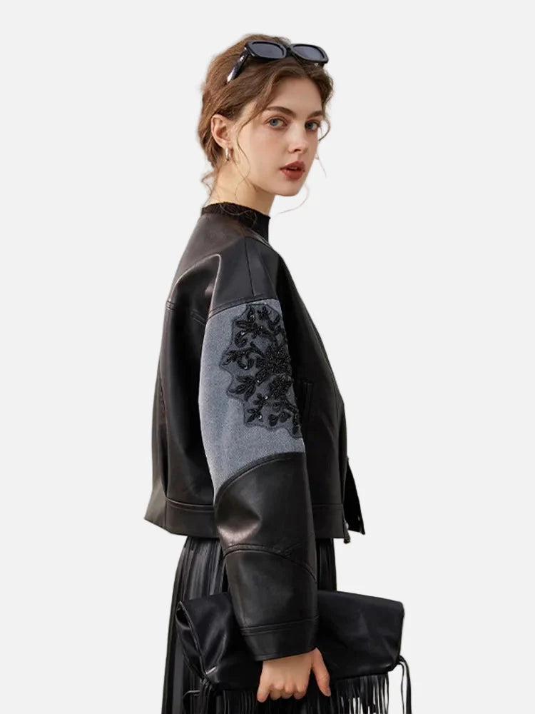 Klassische, lockere schwarze Patchwork-Jacke aus PU-Leder