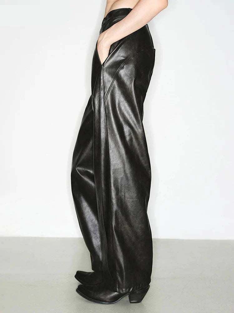 Luxuriöse, coole, lange, locker sitzende schwarze PU-Lederhose