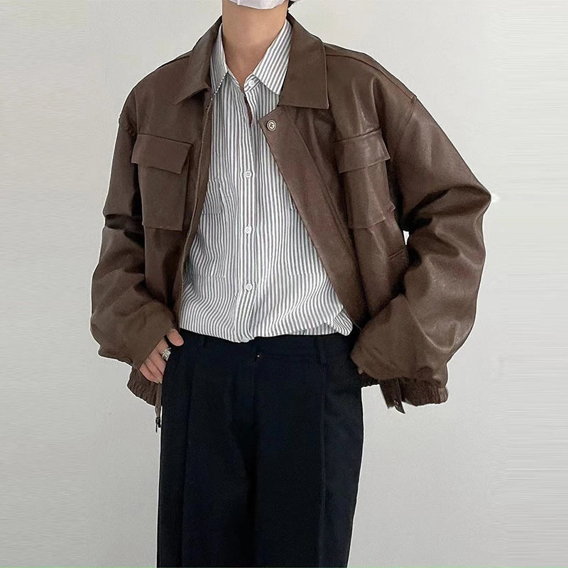Klassische Herren-Retro-Lederjacke aus PU-Leder mit Struktur