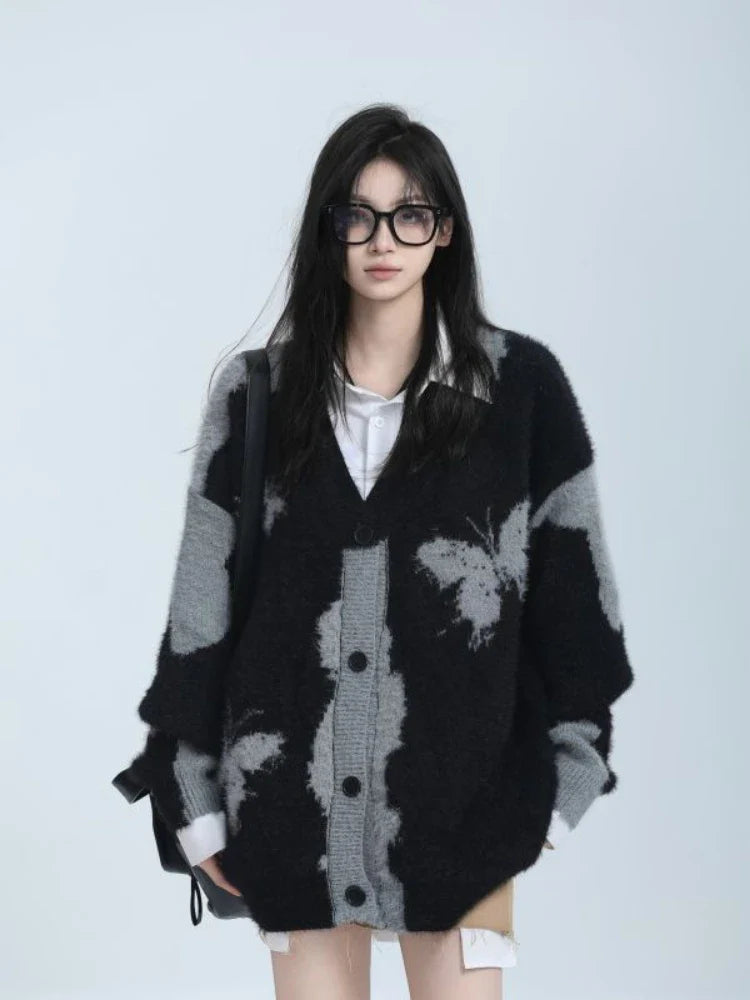 Vintage-Strickjacke mit Schmetterlings-Jacquardmuster