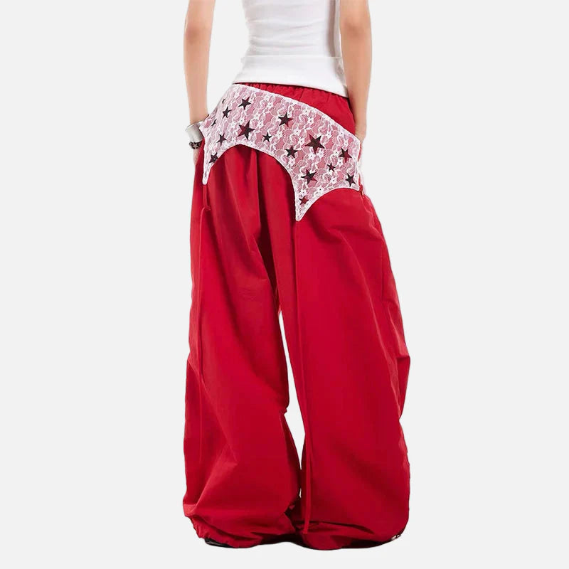 Strapazierfähige rote Oversize-Jogginghose aus Fallschirmstoff