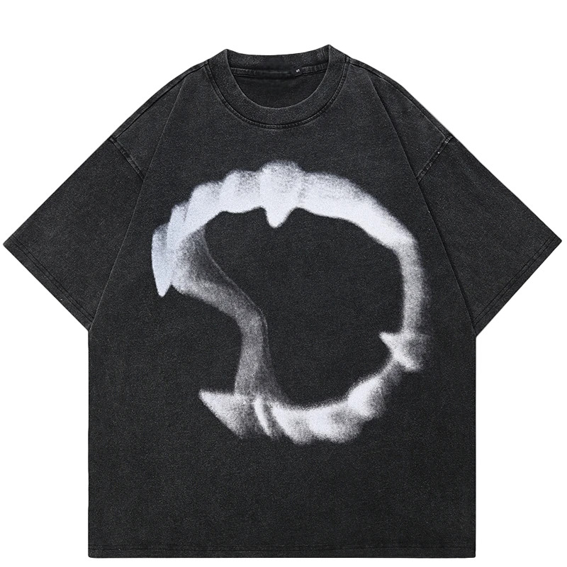 Black t-shirt with a white graphic design on a white background