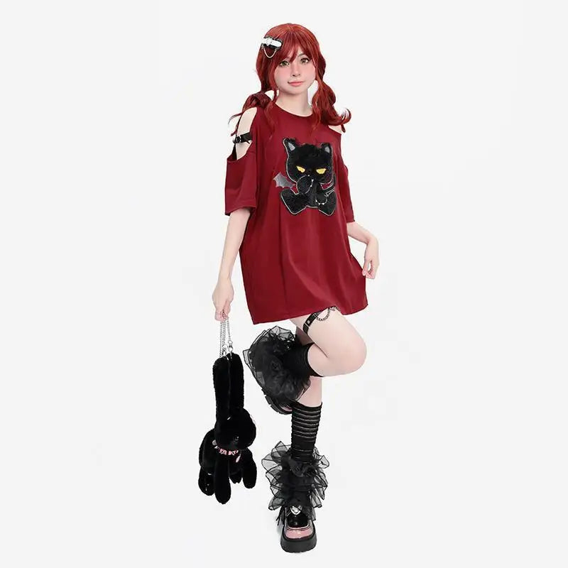 T-shirt rouge punk minimaliste à graphisme américain