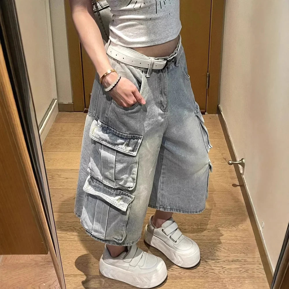 Streetwear-Cargo-Shorts aus gewaschenem Denim