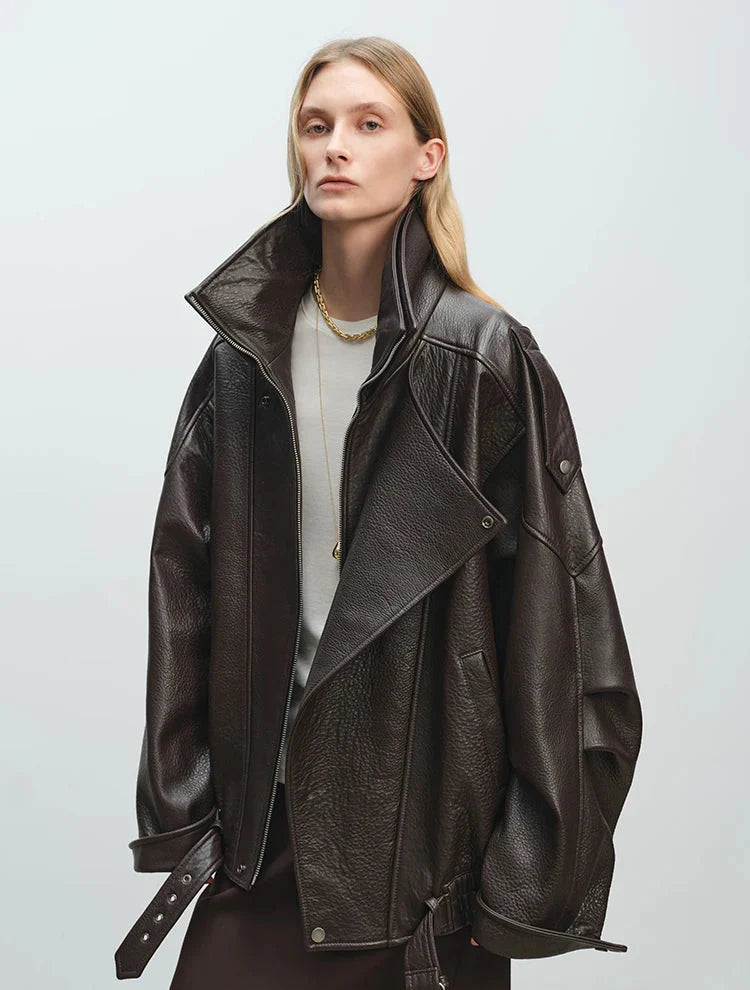 Luxuriöse, übergroße schwarze Lederjacke