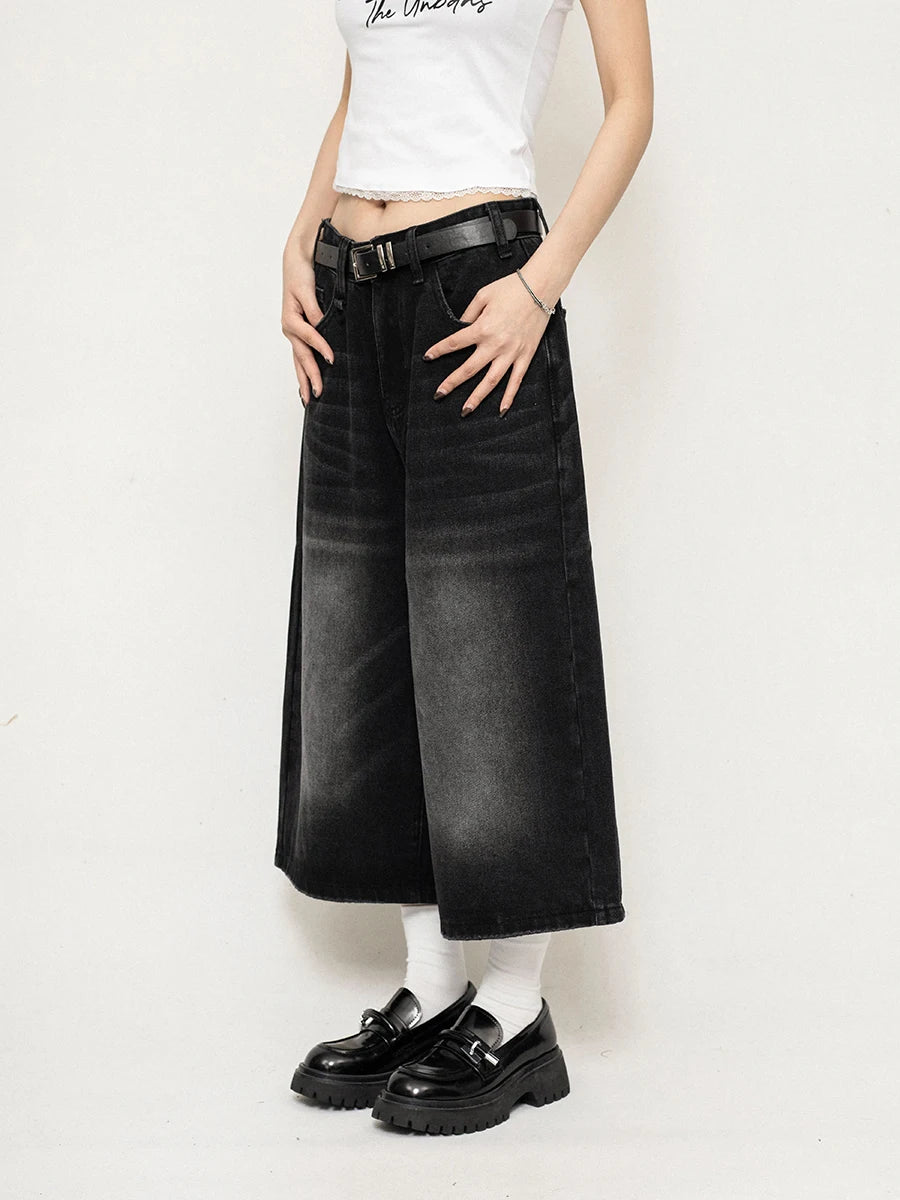 Wide-Leg Black Denim Jorts