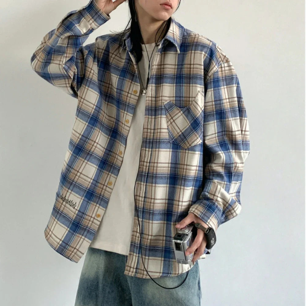Chemise vintage oversize à carreaux à manches longues