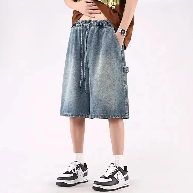 Short en jean bleu ample taille haute