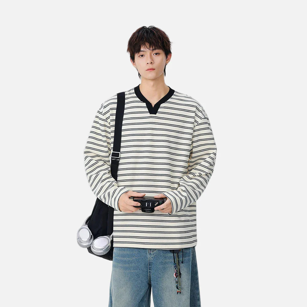 Striped Casual Long Sleeve V-Neck T-Shirt