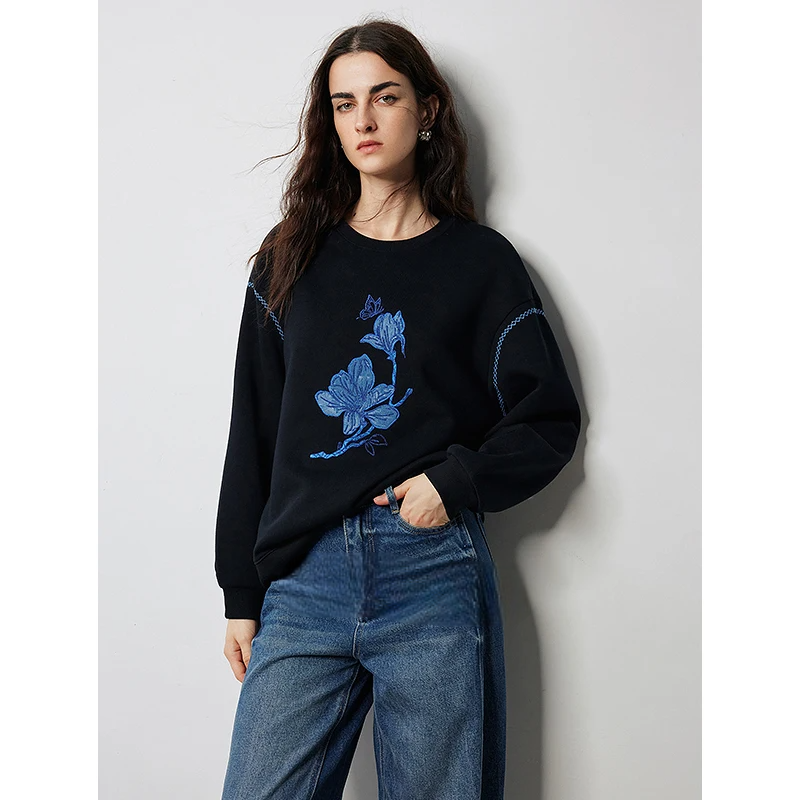 Damen-Sweatshirt mit floraler Applikationsstickerei