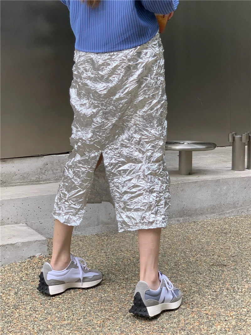 Y2K Metallic Ruched Midi Skirt