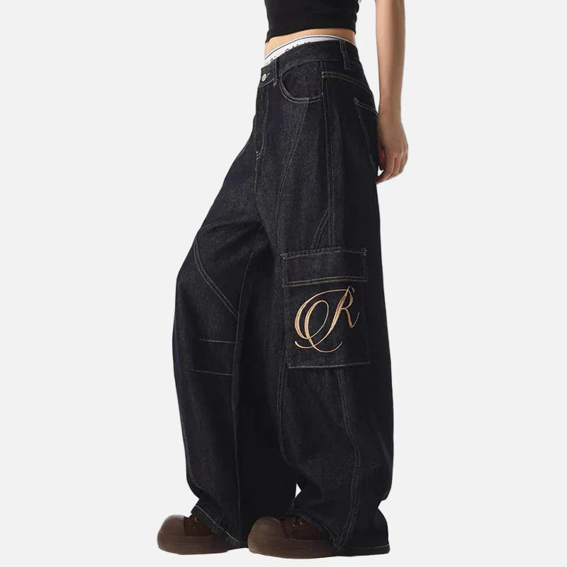 Streetwear Dunkelblaue Y2K-Waschung Weitbein-Cargojeans