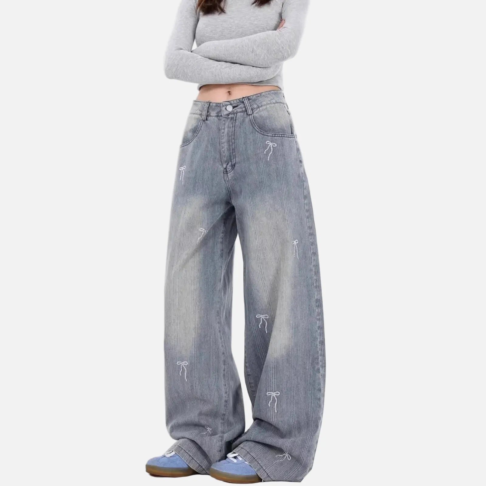 Bestickte Jeans mit Schleife, lockerer Weitbein-Stil