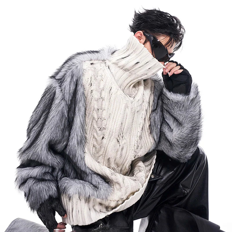 Luxurious Imitation Fur Patchwork High Neck Sweater