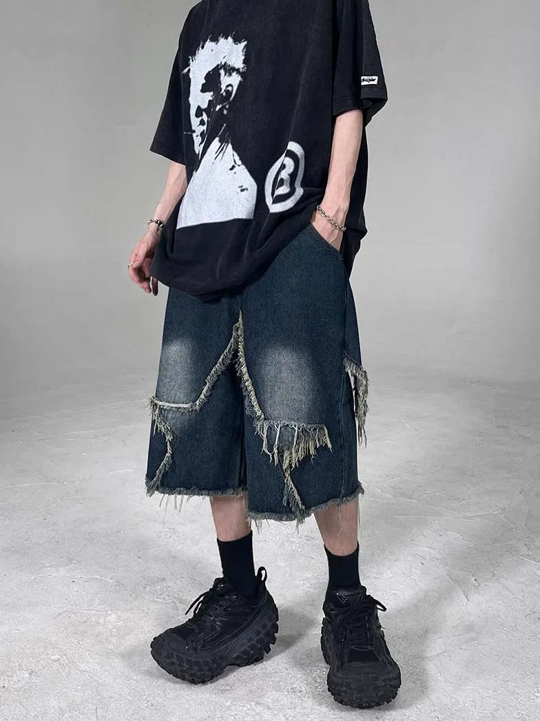 Short en jean à franges étoiles vintage