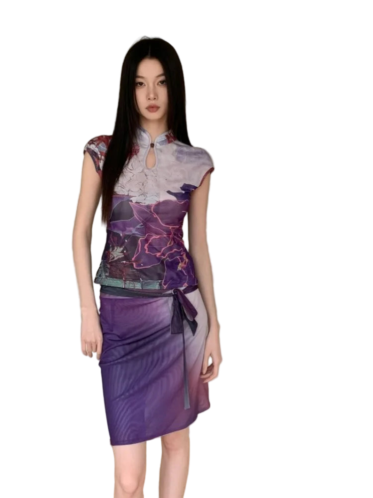 Y2K Vintage Reversible Mesh Floral Top and Skirt