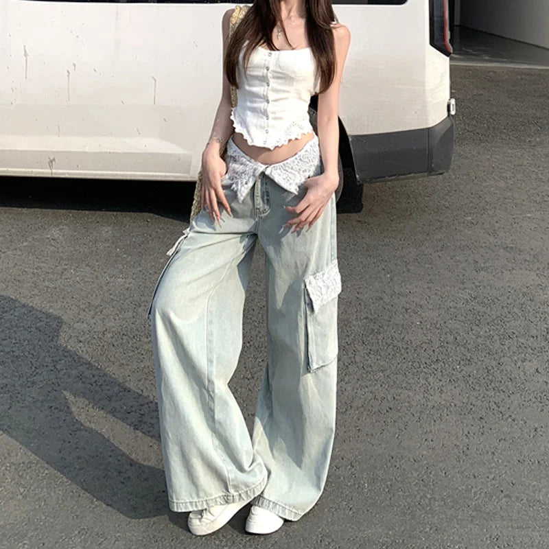 Cargo-Jeans mit Plüsch-Vintage-Spitzenbesatz