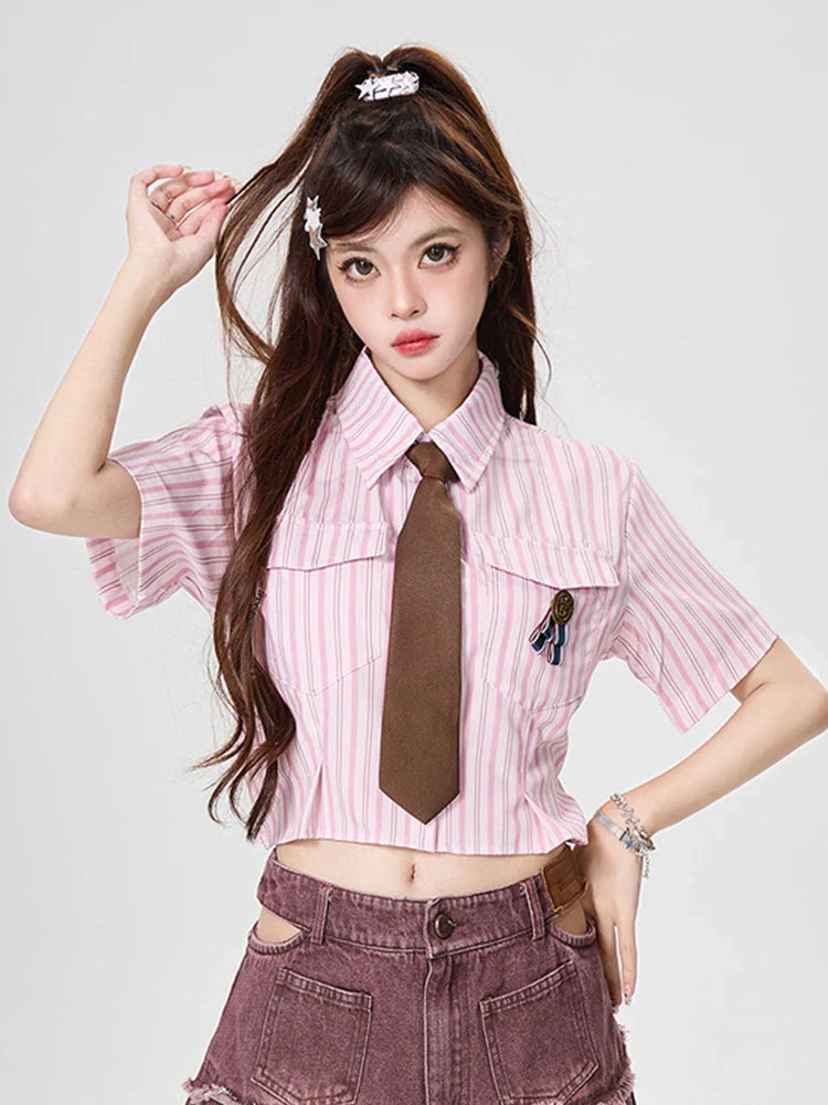 Chemisier rayé vintage Y2K pour femme, style streetwear, chemise à nouer