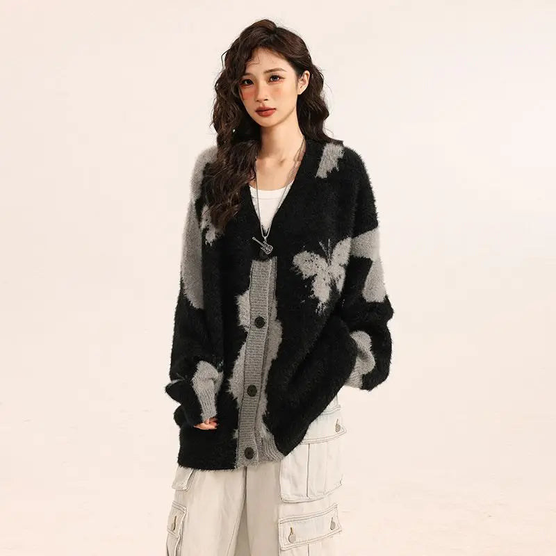 Cooler, lockerer Retro-Strickcardigan für Damen