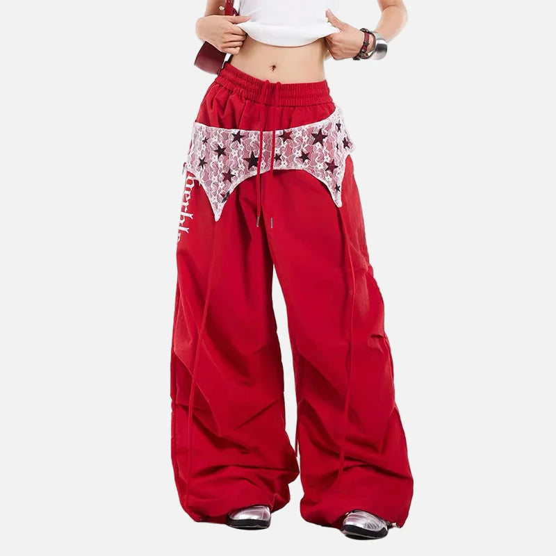 Strapazierfähige rote Oversize-Jogginghose aus Fallschirmstoff