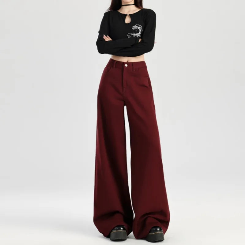 Jean en denim rouge taille haute style rétro ample emo