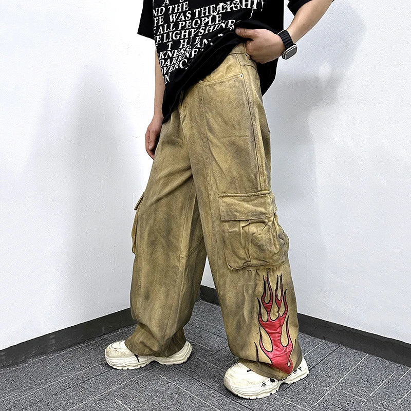 Flame Print Style Tie Dye Cargo Pants