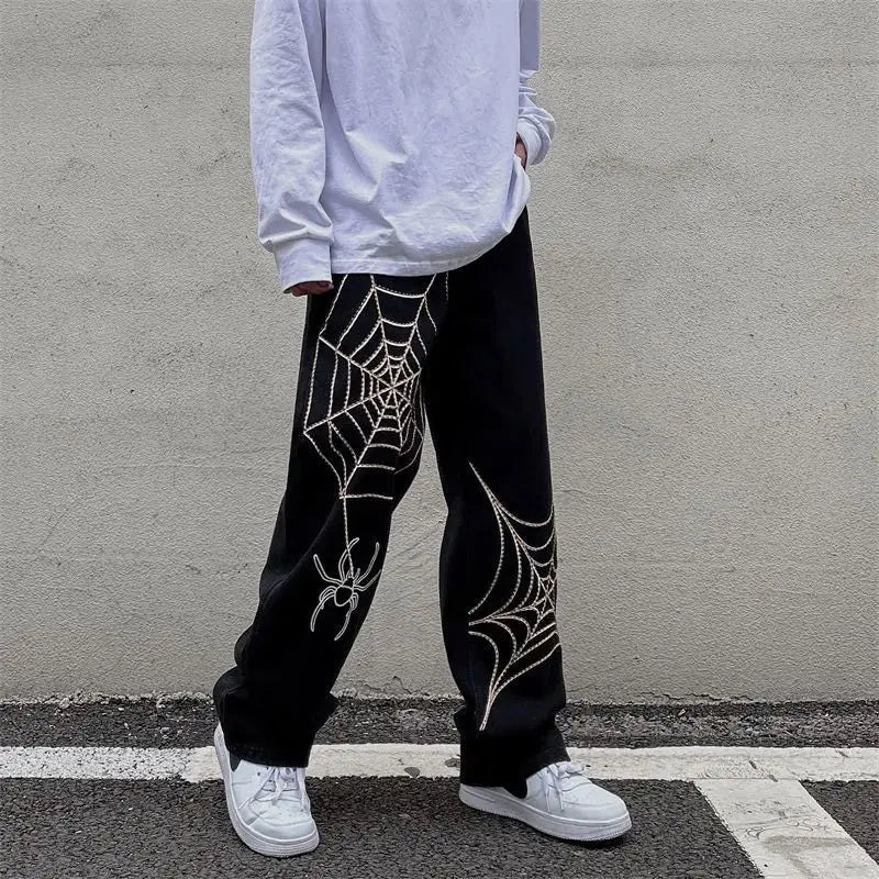 Vintage Spider Streetwear Schwarze Weite Hose